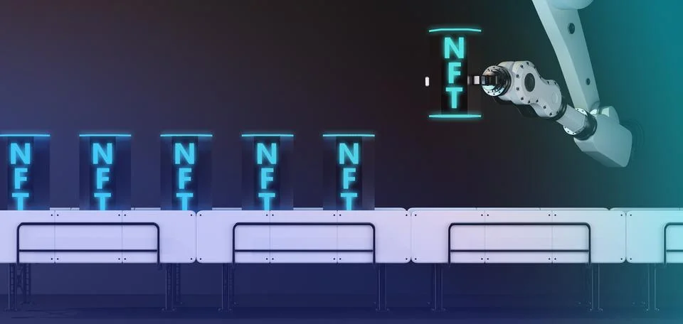 Nft conveyor with robot arm Stock Illustration