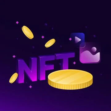 NFT Creative Illustration. Violet Background, Golden Coins Illustrazione stock