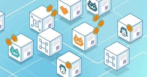 NFT cryptoart and code on virtual blocks Stock Footage 195989949