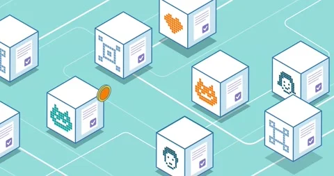 NFT cryptoart and code on virtual blocks Stock Footage 195990862