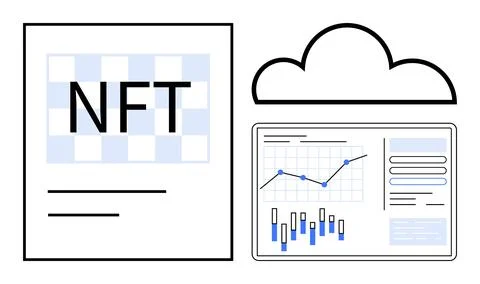 NFT document, cloud storage icon, and data analytics dashboard with charts. I Illustrazione stock