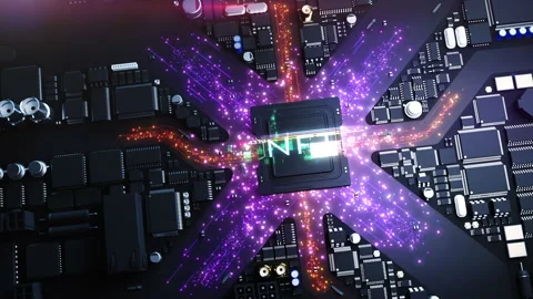 The "NFT" heading above the processor appears in digital noise style. city st Video stock 221685807