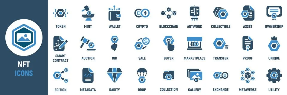 NFT icon set. Containing token, wallet, blockchain Stock Illustration