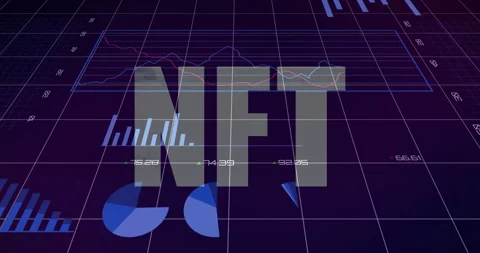 NFT label hovering over digital dashboard, displaying line plots, bar and pie Stock Footage 307441989