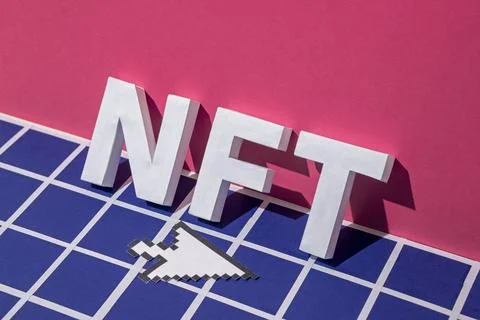 NFT letters and arrow cursor mouse interface. Minimal concept of blockchain Stock Illustration