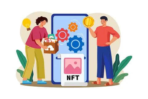 NFT minting process Illustration concept on white background Stock Illustration