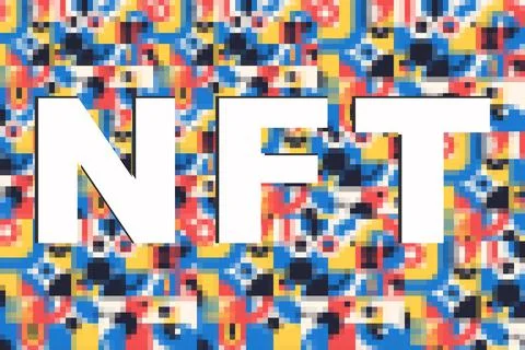 NFT sign over multicolor pixel background. New trend for future investment and Stock Illustration