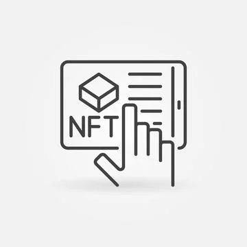 NFT on Tablet Screen and Hand linear vector Online Purchase icon Stock Illustration
