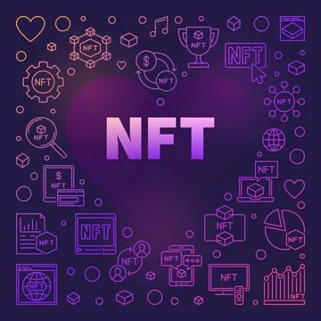 NFT Technology Heart Colored Frame - Non-Fungible Token vector line Illustration Stock Illustration