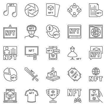 NFT Technology Types outline icons set. Non-Fungible Token vector symbols Stock Illustration