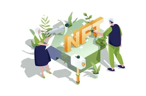 NFT technology web concept in 3d isometric design. People create digital artw Stock Photos