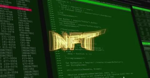 Nft text banner over multiple screens with over data processing against black Stock Photos
