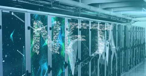 Nft text banner over network of connections against computer server room Stock Photos