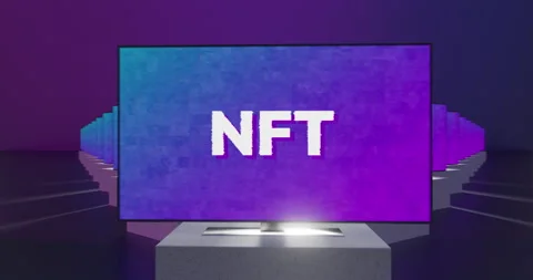 NFT text crypto art on screens at virtual exhibition, Realistic 3D rendering of Stock Footage 168292554