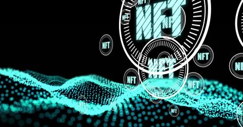 Nft text on multiple round scanners floating against green digital wave on black 库存插图