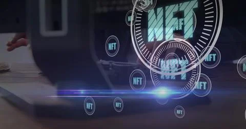 Nft text on multiple round scanners against close up of person hands using Stock Illustration