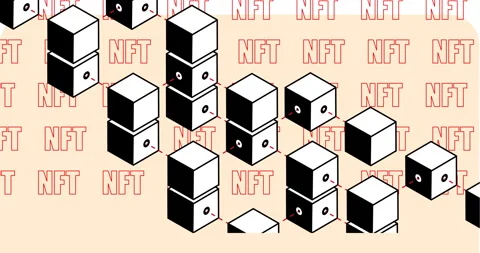 NFT text pattern on black and white cubes, animation design on beige background Stock Footage 303420611