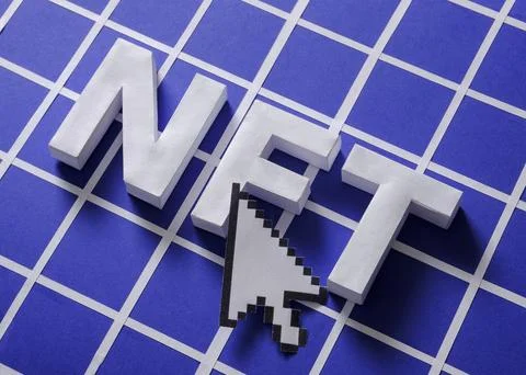 NFT text in pixel space and digital mouse arrow pointer. Minimal concept of.. イラスト素材