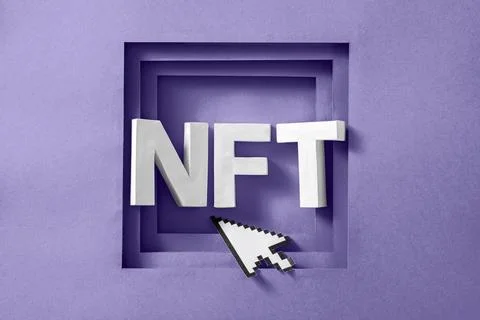 NFT text in a purple frame and a mouse pointer cursor. Minimal concept of Stock Illustration