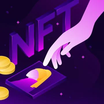 NFT Theme Illustration. Cryptographic Design, Crypto Art Composition with coins Stock Illustration