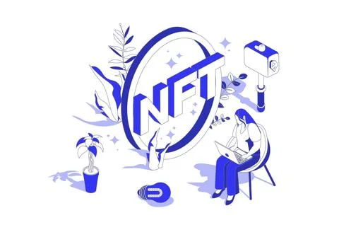 NFT token 3d isometric concept in isometry graphic design for web. People s.. Stockillustratie