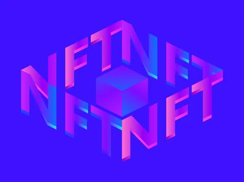 NFT token 3d isometric text. NFT non-fungible token. Digital art in blockchai Stockillustratie