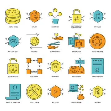 NFT token and blockchain icon set Stock Illustration