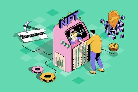 NFT token art concept in 3d isometric design. Man buying virtual paintings an Stockillustratie