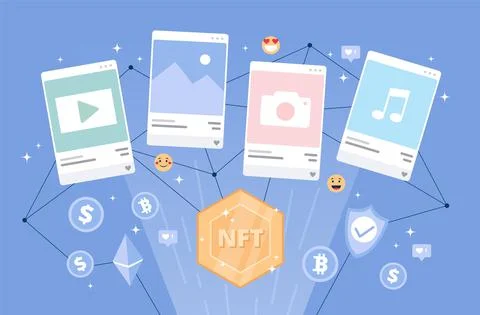 NFT token concept - digital goods trading. Crypto currency icons amd emoji icons Illustration