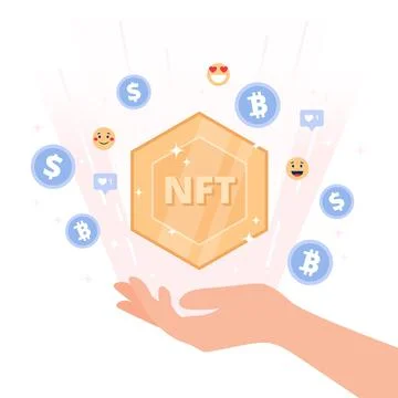NFT token concept - hand holding non fungible token. Different currency icons Illustrazione stock