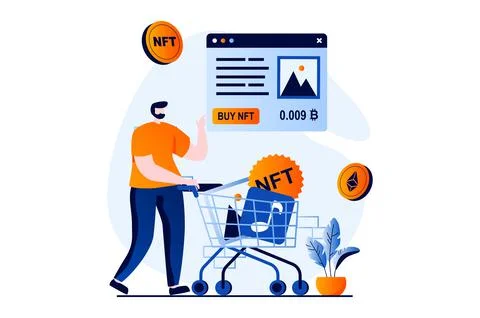 NFT token concept with people scene in flat cartoon design. Man buys paintings Stock Illustration