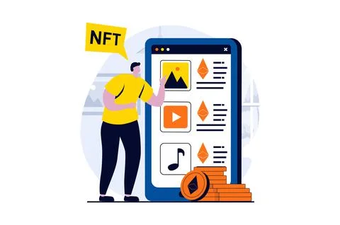 NFT token concept with people scene in flat cartoon design. Male artist posts Stock Illustration