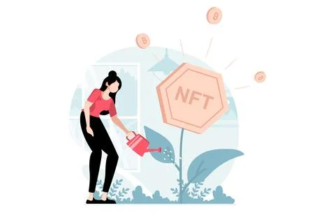 NFT token concept with people scene in flat design. Woman watering tree with  Illustrazione stock