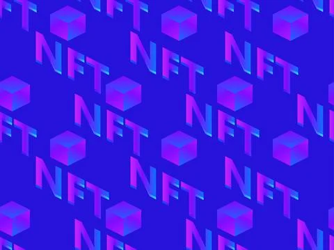 NFT token isometric text with cube seamless pattern. NFT non-fungible token.  Stock Illustration