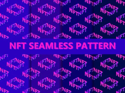 NFT token isometric text with cube set of seamless pattern. NFT non-fungible  Illustrazione stock