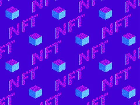 NFT token pixel art isometric text with cube seamless pattern. NFT non-fungib Illustrazione stock