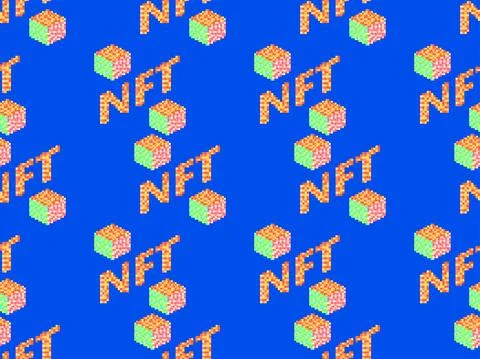 NFT token pixel art isometric text with cube seamless pattern. NFT non-fungib Illustrazione stock