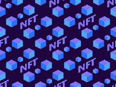 NFT token pixel art isometric text with cube seamless pattern. NFT non-fungib Illustrazione stock