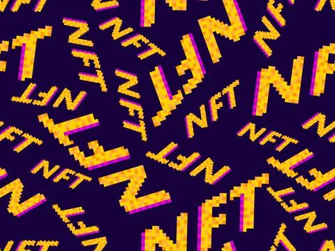 NFT token pixel art isometric text seamless pattern. NFT non-fungible token.  Stock Illustration