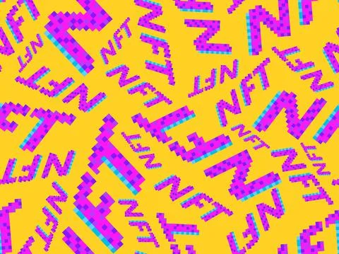 NFT token pixel art isometric text seamless pattern. NFT non-fungible token.  Stock Illustration