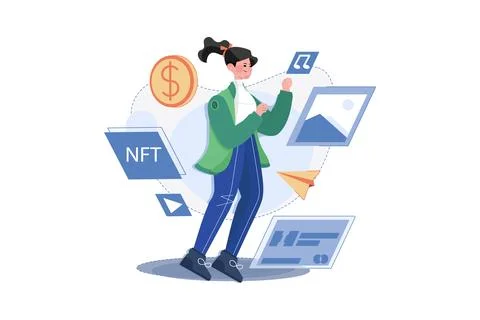 NFT Trading Illustration concept. A flat illustration isolated on white bac.. Stock Illustration