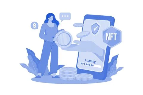 NFT Trading Illustration concept. A flat illustration isolated on white bac.. Stock Illustration