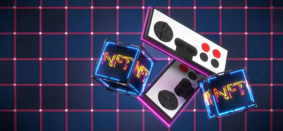 NFT unique items rotate with game joystick on digital background. 3d render Illustrazione stock