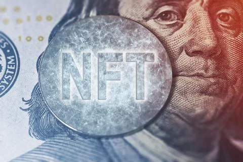 NFT on on us dollar. Close-up Stock Photos