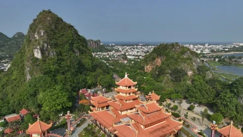 Ngu Hanh Son Mountain and Buddhist Temple, Pagoda in Da Nang City, Vietnam Stock Footage 242779503