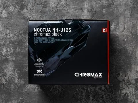 NH-U12S single tower cpu heat sink box on a dark background. Modern PC hardware. Stock Photos