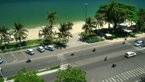 Nha Trang - Elevated city view of the beach, park and traffic. Stock Footage 74094828
