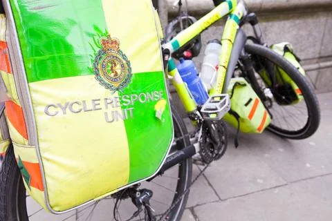 An NHS cycle first response paramedics bike, London, UK. Stock Photos