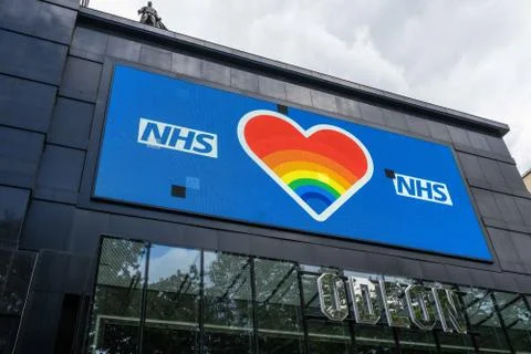 NHS electronic billboard on the side of the Odeon Cinema in Leicester Square 스톡 사진
