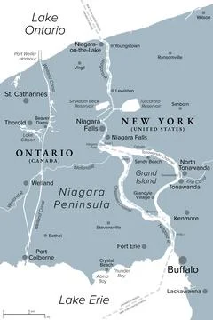 Niagara Falls and Niagara River, North America, gray political map Stock Illustration